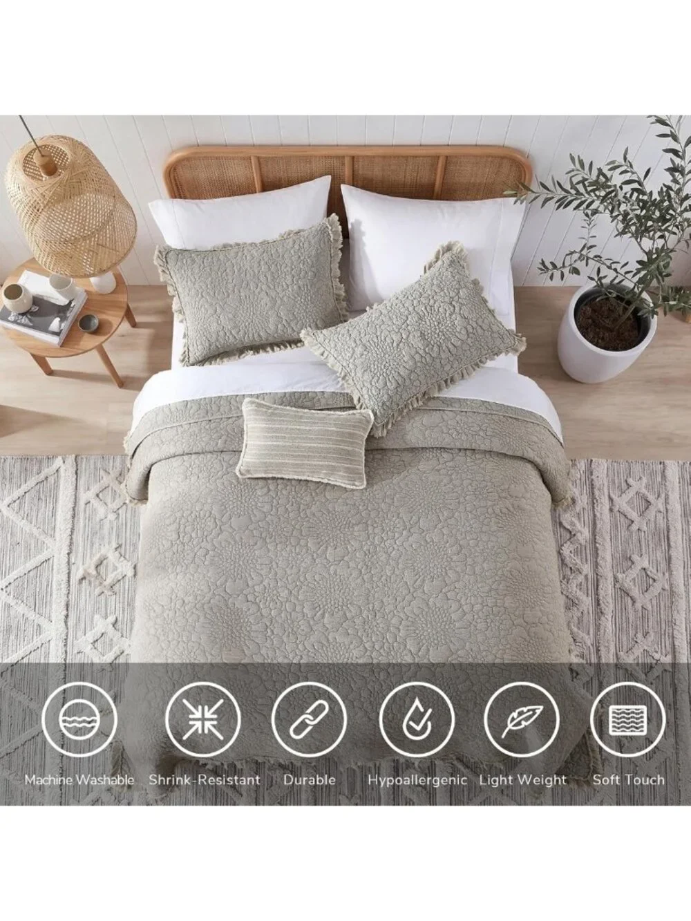 Beige Ruffled Queen Quilt Set - Lightweight Microfiber, Reversible Farmhouse